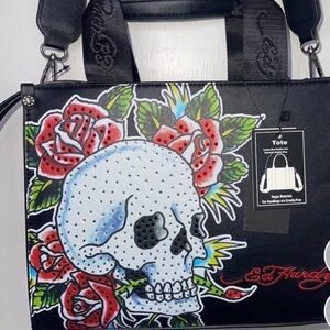 NWT Ed Hardy Black Tote with Bedazzled Skull and Roses Design